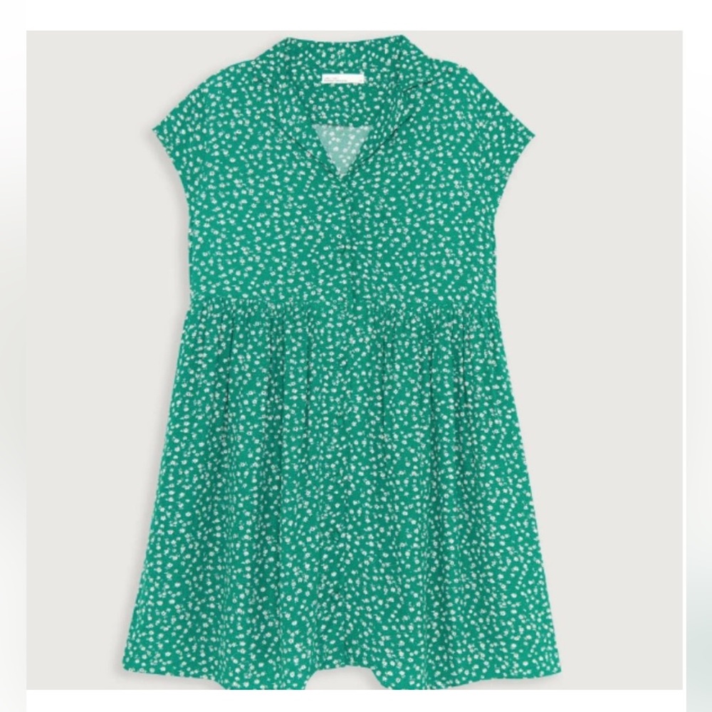 OAK + FORT 💚 Green Floral 💚 Short Sleeve Relaxed Fit Drop Waist Dress - S
